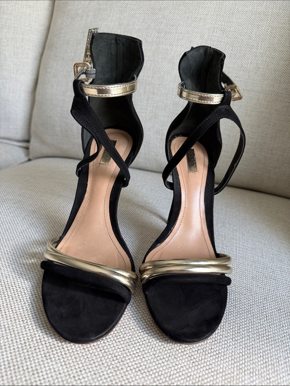 SCHUTZ Black and Gold Open-Toe Strappy Heels